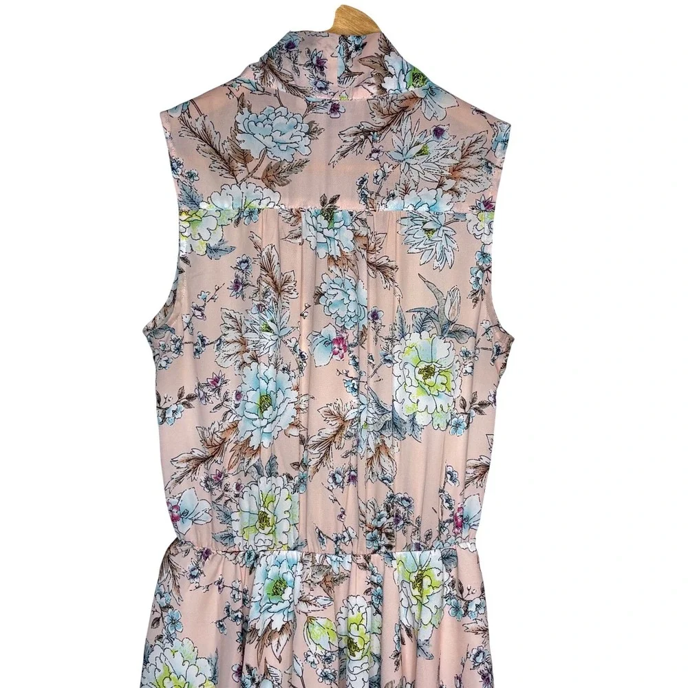 Molly Bracken Floral Tie Neck Mini Dress Womens Size S Pink Sleeveless Fit Flare